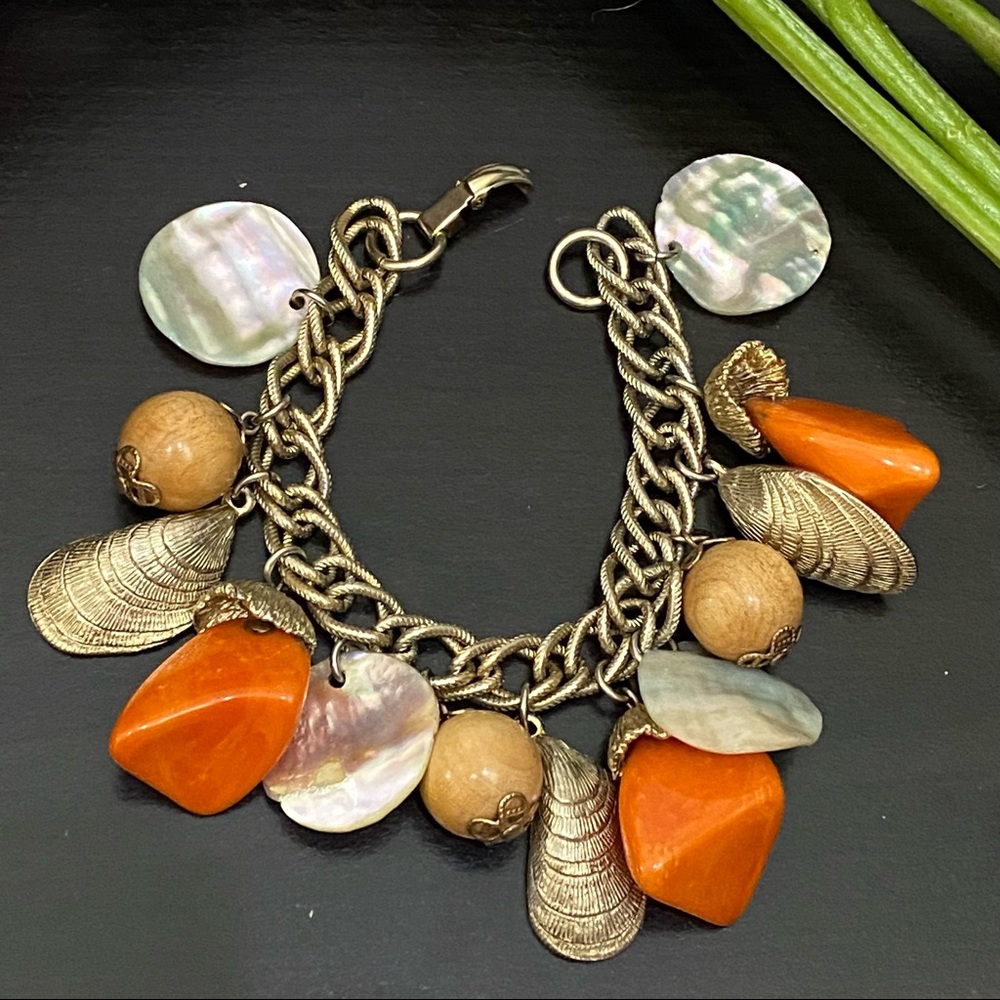 Vintage Orange Bakelite Mother of Pearl Shell Nautical Theme 7.5” Charm Bracelet